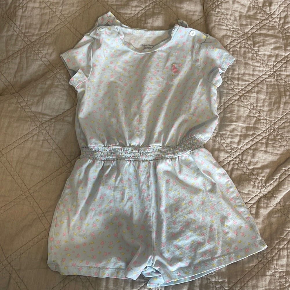 Light blue flower print polo toddler romper